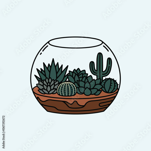 Stylish Botanical Terrarium Illustration with Various Succulents and Cacti