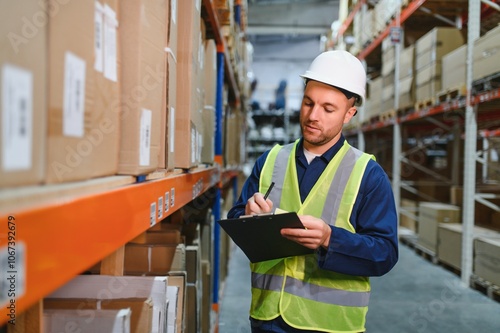 Portrait of warehouseman with clipboard checking delivery, stock in warehouse. Warehouse worker preparing products for shipment