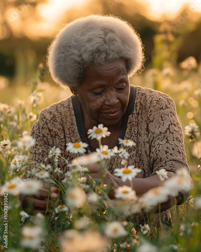 A Black Senior Citizen Joyfully Picking Flowers in a Vibrant Field, Celebrating Life and Nature's Beauty photo