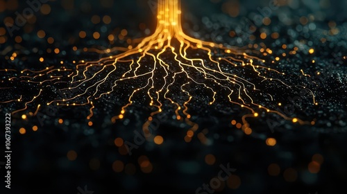 Roots shaped like circuits spreading into soil, glowing nodes, organic and electronic worlds converging underground photo