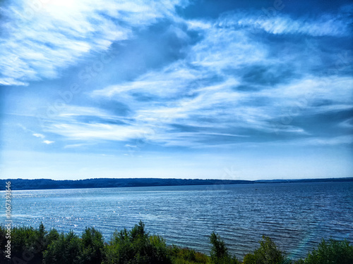 A serene summer day by the tranquil lake with clear blue skies and gentle ripples on the water