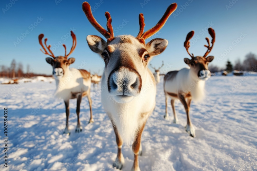 A herd of reindeer crossing a snowy field under a clear, blue sky with their breath visible in the cold air A herd of reindeer crossing a snowy field under a clear, blue sky with their breath visible in the cold air