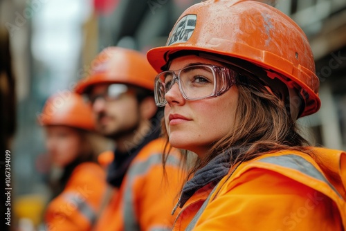 A focused group of construction workers shows determination and teamwork in the project. Safety gear reflects their commitment. Collaboration is key for success. Generative AI