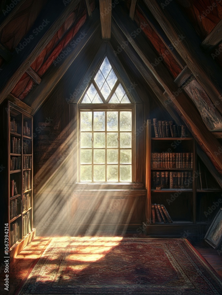 Magical Sunbeams Through Attic Window with Bookshelves, Sunlight, and a Cozy Rug. Magical Sunbeams Through Attic Window with Bookshelves, Sunlight, and a Cozy Rug.