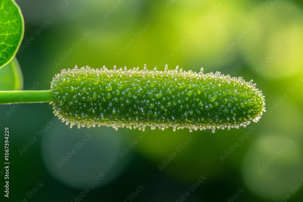 Naklejka premium A close-up image showcasing a single green rod-shaped bacterium, isolated on a natural background. The image highlights the bacterium's unique shape and texture, representing microscopic life, scienti