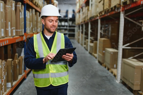 Portrait of warehouseman with clipboard checking delivery, stock in warehouse. Warehouse worker preparing products for shipment photo