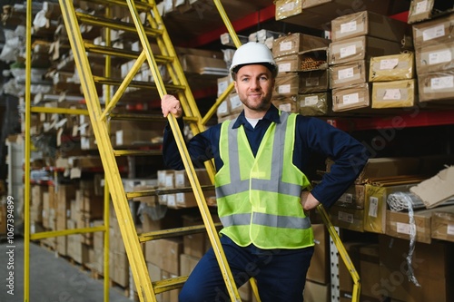 Shipment manager verifying all merchandise pallets in depot, providing merchandise distribution for retail store. Employee walking around boxes of manufactured products, dispatch notes