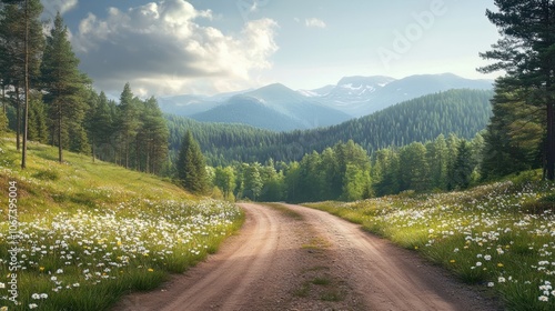 Dirt road on mountain forest sky landscape.