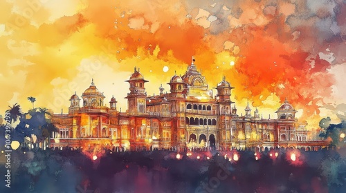 watercolor illustration of mysore palace at sunset during the mysore dasara festival, rich colors depicting the grandeur and cultural significance of the event photo