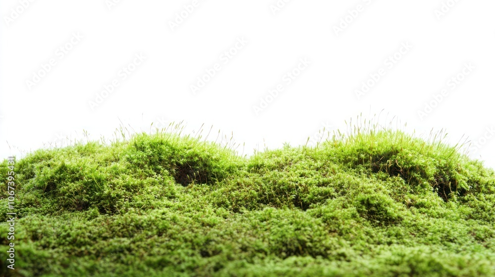A lush green moss landscape against a bright white background. A lush green moss landscape against a bright white background.