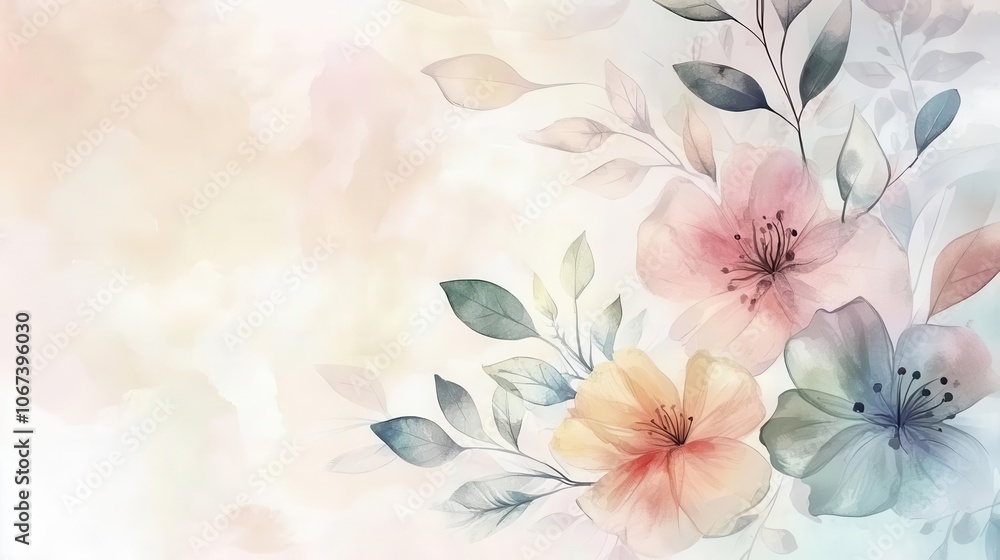 Obraz premium whimsical floral greeting card design features cute watercolor flowers and delicate leaves, perfect for invitations or spring celebrations, in soft pastel tones
