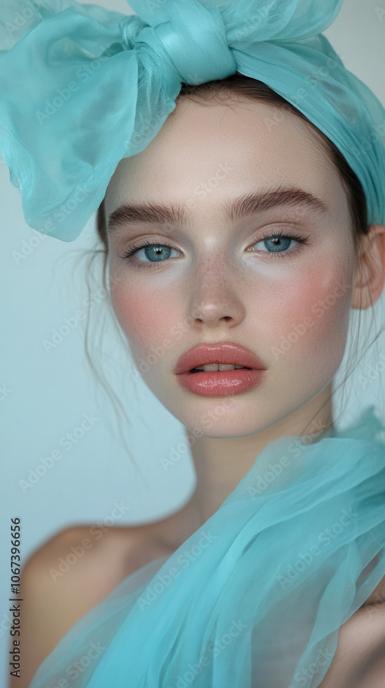 Aquamarine elegance: fashion model with turquoise makeup and headwrap Aquamarine elegance: fashion model with turquoise makeup and headwrap