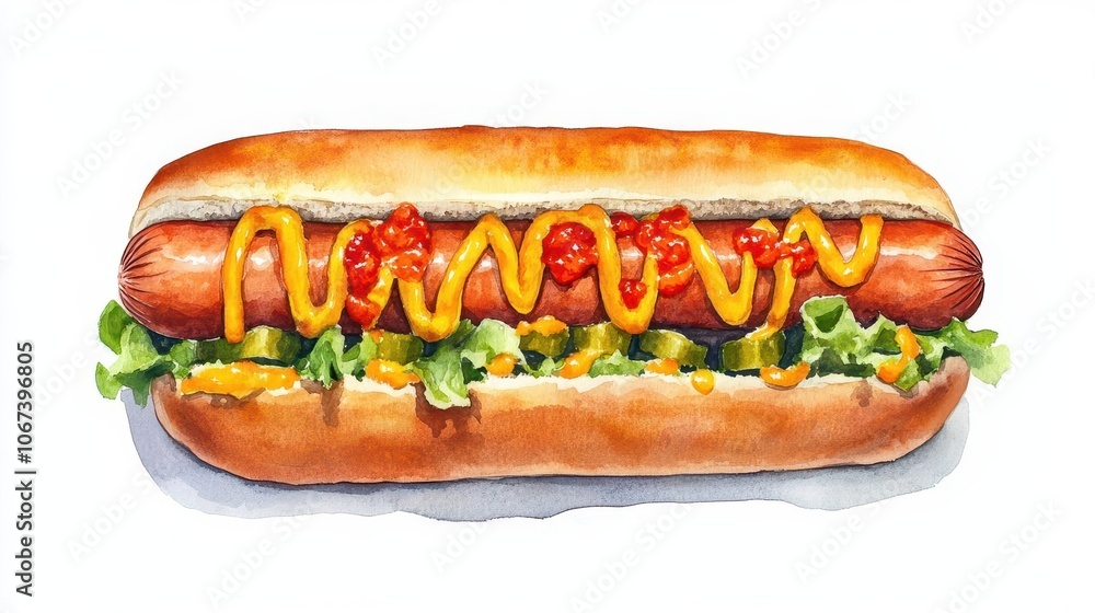 whimsical watercolor painting of a hot dog, complete with vibrant toppings and a playful style, isolated against a pure white background, evoking a sense of fun whimsical watercolor painting of a hot dog, complete with vibrant toppings and a playful style, isolated against a pure white background, evoking a sense of fun