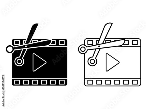 video editor and video cropper. adjustment or cropping of video frames. film tape symbol with scissors. software, applications, or services. symbol or icon