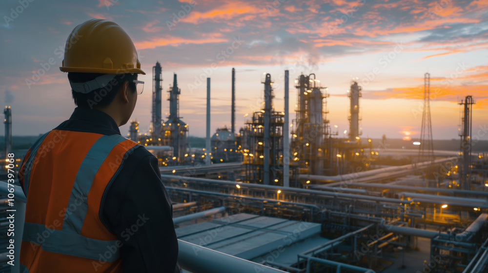 Rear view of engineer stands in front of large oil refinery. Rear view of engineer stands in front of large oil refinery.