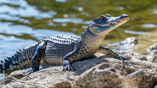 wild american crocodile basking in the sun at jardines de la reina in cuba, showcasing its majestic form and vibrant surroundings, highlighting the beauty of wildlife in its natural habitat photo