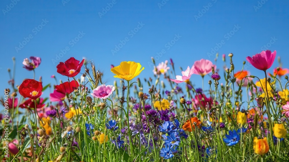 wildflower meadow in full bloom during spring, a colorful array of flowers stretching towards a clear blue sky, embodying the beauty of nature and renewal wildflower meadow in full bloom during spring, a colorful array of flowers stretching towards a clear blue sky, embodying the beauty of nature and renewal