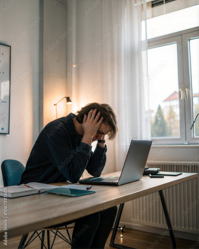 A moment of contemplation at a desk during a challenging afternoon with soft sunlight illuminating the room A moment of contemplation at a desk during a challenging afternoon with soft sunlight illuminating the room