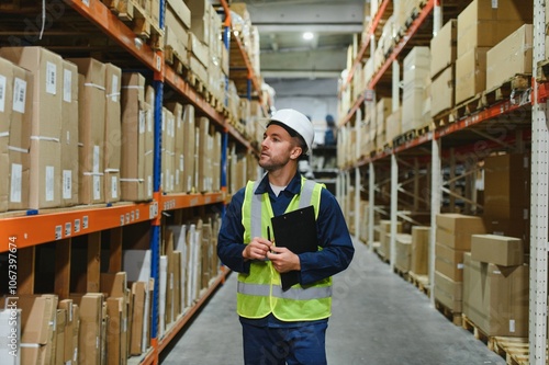 Portrait of warehouseman with clipboard checking delivery, stock in warehouse. Warehouse worker preparing products for shipment