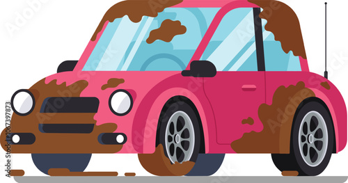 Pink car driving on paved road completely covered in mud, depicting off road adventure, car wash necessity, or messy transportation