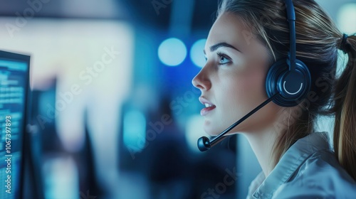 woman in a call center wearing a headset, engaging with clients over the phone, surrounded by a modern office ambiance, reflecting professionalism and dedication in customer service