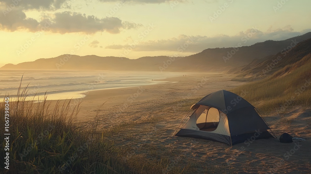 A serene beach scene with a tent set against a sunset backdrop and rolling hills.