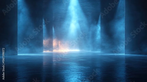 Dark Background with lights. Reflection of neon lights, a searchlight, smoke. Abstract light in a dark empty street with smoke, smog. Dark black wall with blue lighting