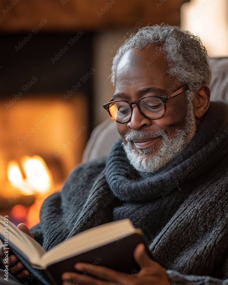 Elderly black man enjoying a quiet moment reading a book by a warm fireplace, perfect for illustrating themes of relaxation, wisdom, or lifelong learning in cozy settings.