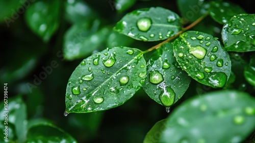 Closeup of Dewdrops on Green Leaves