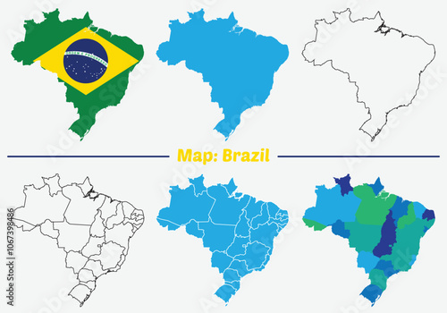 Brazil country map set. internal provinces borders marked, Simple map of Brazil vector drawing, Filled and outline.
