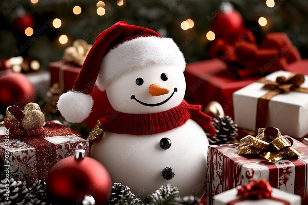 A snowman wearing a Santa hat and surrounded by presents in a festive holiday setting A snowman wearing a Santa hat and surrounded by presents in a festive holiday setting