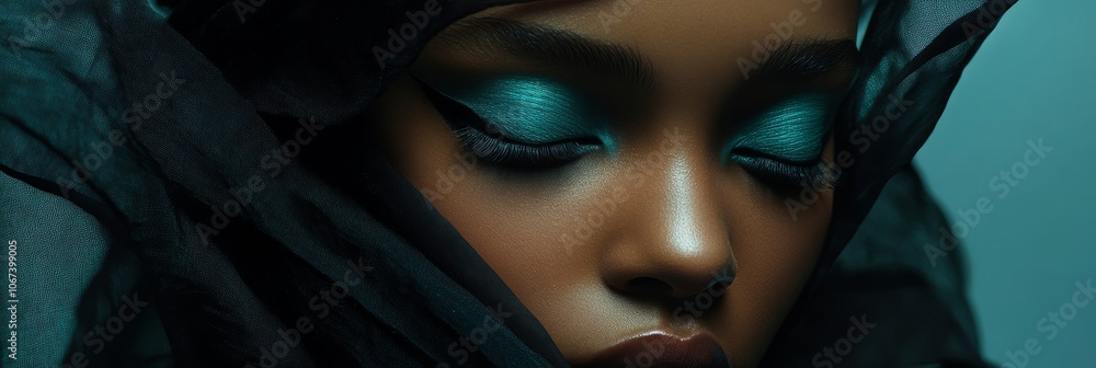 A close-up portrait of a woman with teal eyeshadow and a black scarf, showcasing her beauty and mystique. The image evokes a sense of mystery, allure, and feminine power. A close-up portrait of a woman with teal eyeshadow and a black scarf, showcasing her beauty and mystique. The image evokes a sense of mystery, allure, and feminine power.