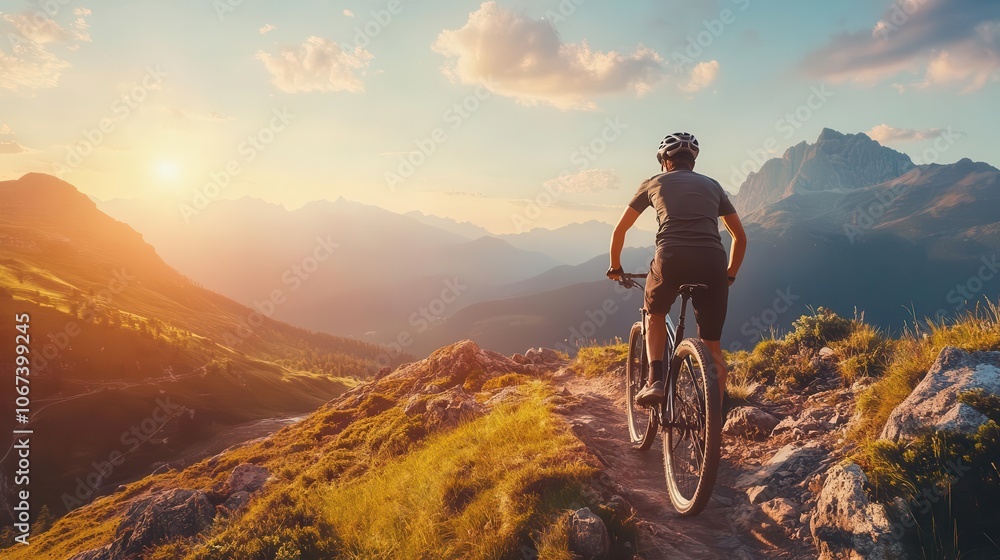young man passionately riding a bicycle along a rugged mountain trail, embodying the spirit of adventure and fitness, surrounded by a stunning natural landscape young man passionately riding a bicycle along a rugged mountain trail, embodying the spirit of adventure and fitness, surrounded by a stunning natural landscape