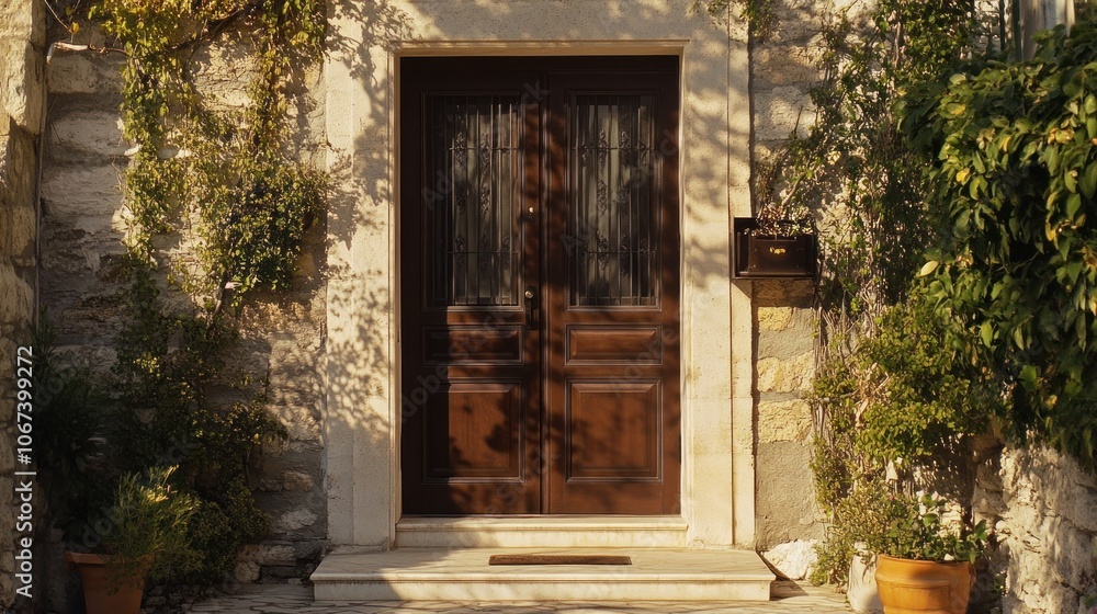 Fototapeta premium Wooden Doorway with Stone Walls