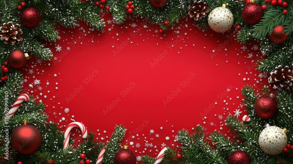 Festive Christmas Frame with Ornaments and Greens Festive Christmas Frame with Ornaments and Greens