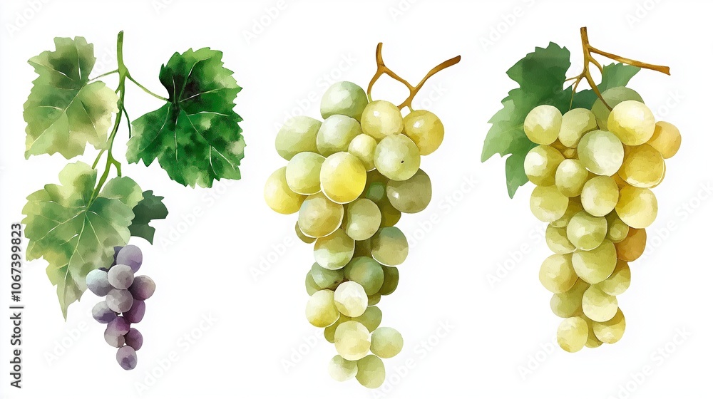 Obraz premium set of green grapes with watercolor illustration on white background