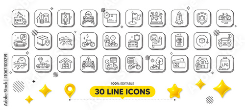 Car place, Car secure and Wholesale goods line icons pack. 3d design elements. Passport, Bike courier, E-bike web icon. Warning road, Gas cylinder, Flight time pictogram. Vector