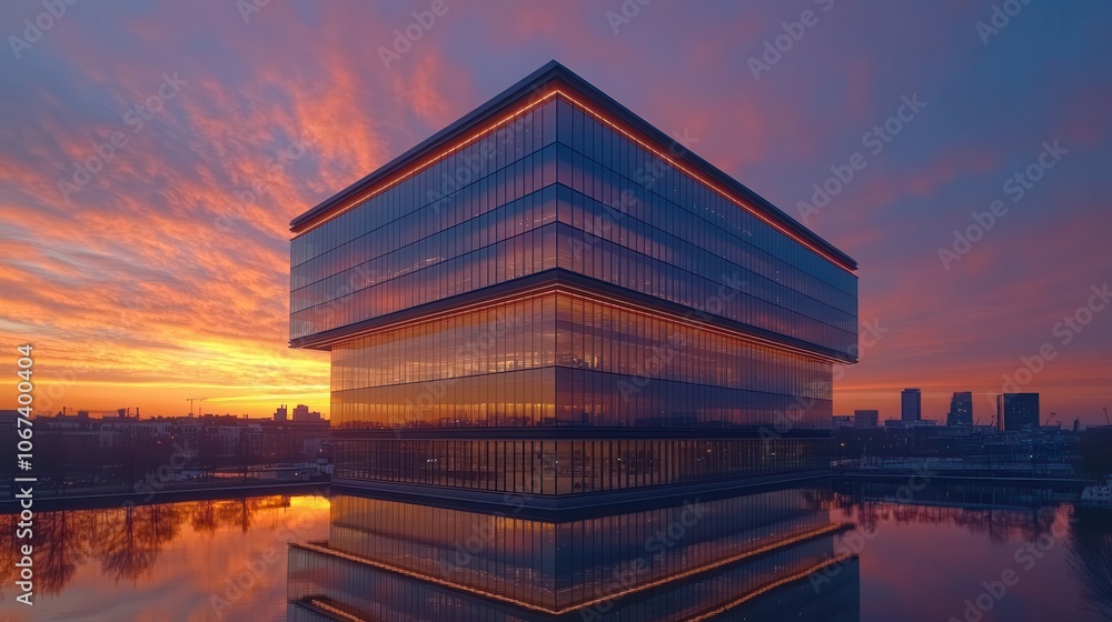 sunset reflections dance on the sleek facade of a modern office building enveloped in warm hues of orange and pink creating a stunning view at dusk over the corporate hub sunset reflections dance on the sleek facade of a modern office building enveloped in warm hues of orange and pink creating a stunning view at dusk over the corporate hub