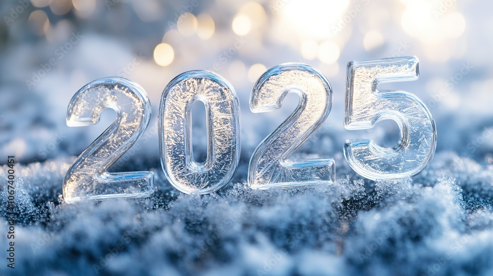 Icy 2025 numerals on frosted surface with glow Icy 2025 numerals on frosted surface with glow