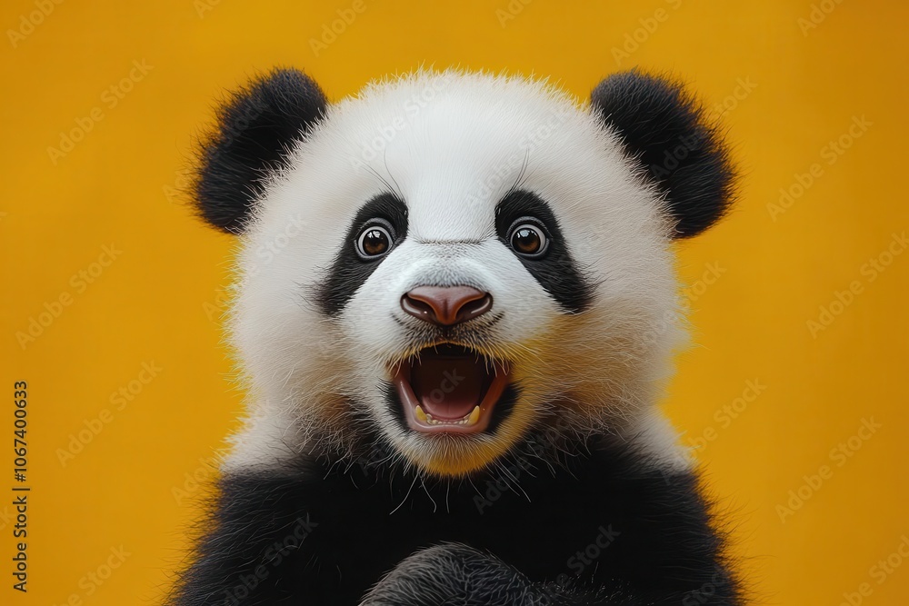 Fototapeta premium surprised panda with wide eyes expressing astonishment against a cheerful yellow background bringing forth a sense of joy and playfulness perfect for an imaginative and fun illustration