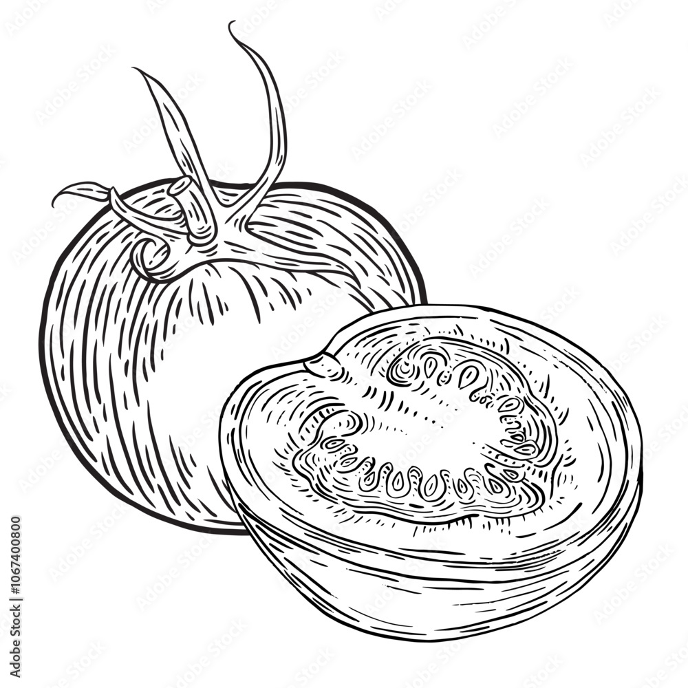 Tomato. Half a vegetable hand drawn ink sketch clip art. Fresh tomatoes food in engraving style. Black and white vector illustration Tomato. Half a vegetable hand drawn ink sketch clip art. Fresh tomatoes food in engraving style. Black and white vector illustration