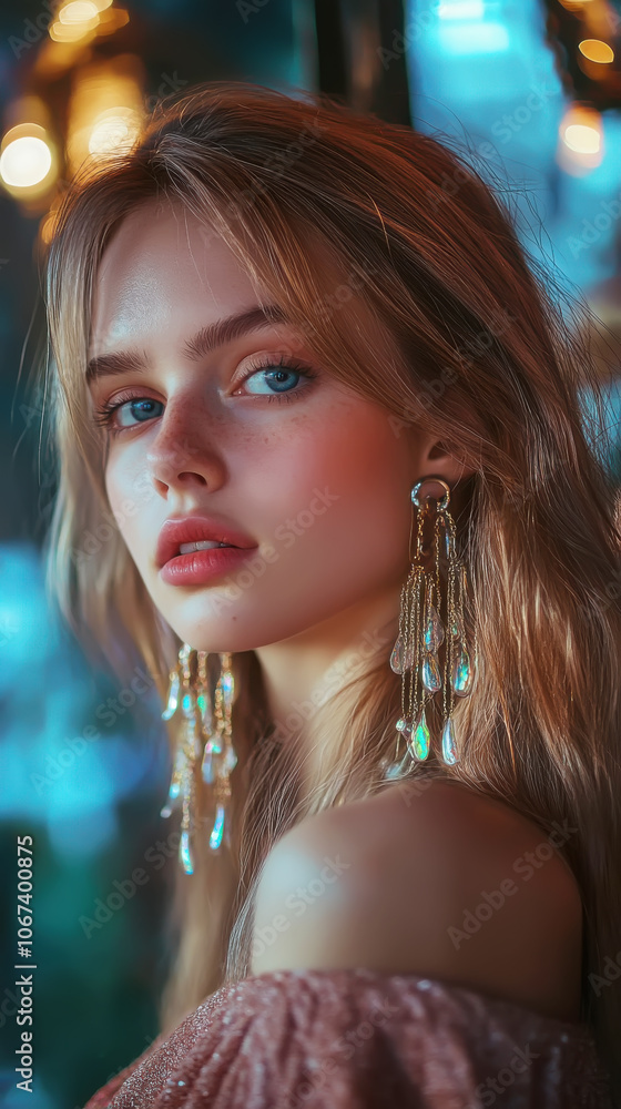 Obraz premium Jellyfish-inspired earrings worn by model amidst dreamy atmosphere