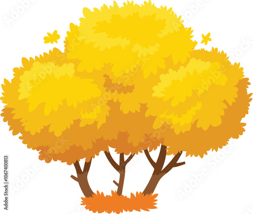Three stylized trees adorned with bright yellow leaves welcome the arrival of autumn, while fallen leaves create a cozy carpet at their base
