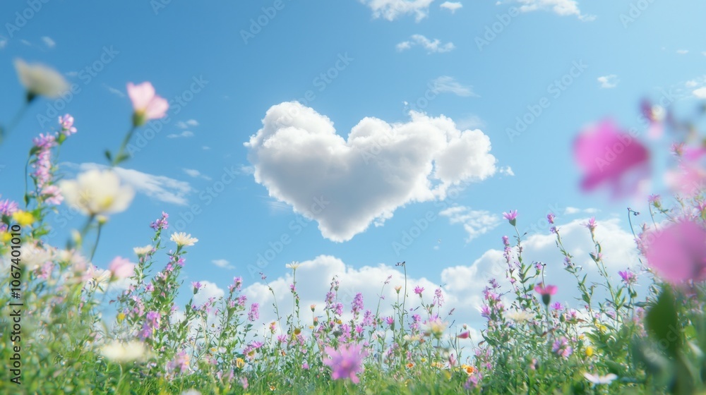 Heart-shaped Cloud Floating Above Serene Meadow with Wildflowers in Warm Afternoon Light, Evoking Love and Tranquility Heart-shaped Cloud Floating Above Serene Meadow with Wildflowers in Warm Afternoon Light, Evoking Love and Tranquility