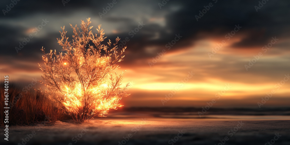 A lone tree stands on the beach at sunset, glowing with warm light. A lone tree stands on the beach at sunset, glowing with warm light.