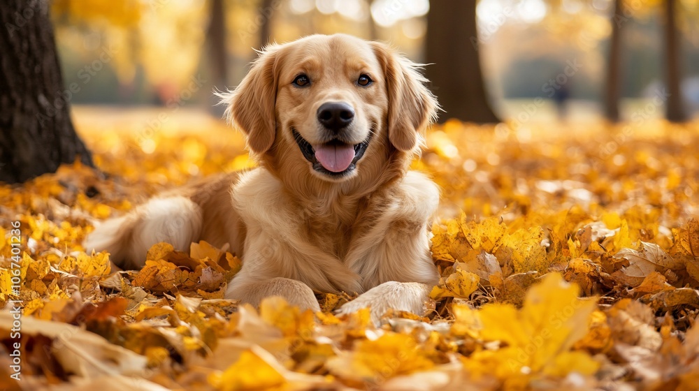 A Golden Retriever dog lying in a bed of autumn leaves, looking at the camera with a smile. A Golden Retriever dog lying in a bed of autumn leaves, looking at the camera with a smile.