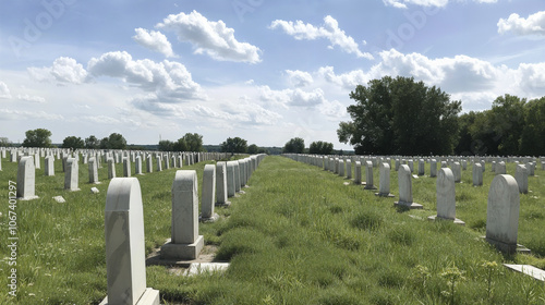 Long rows of white tombstones at a u.s. air force cemetery stretch across a grassy field, framed by lush trees under a partly cloudy sky, evoking solemn remembrance. photo