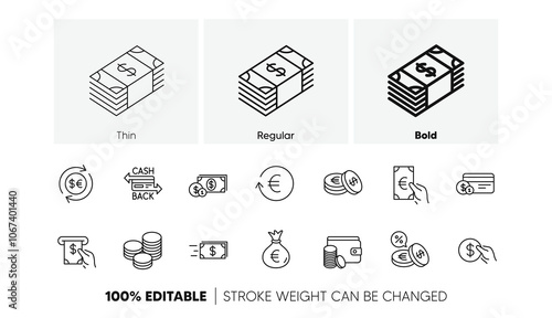 Cash, Wallet and Coins. Money and payment line icons. Account cashback linear icon set. Line icons set. Vector