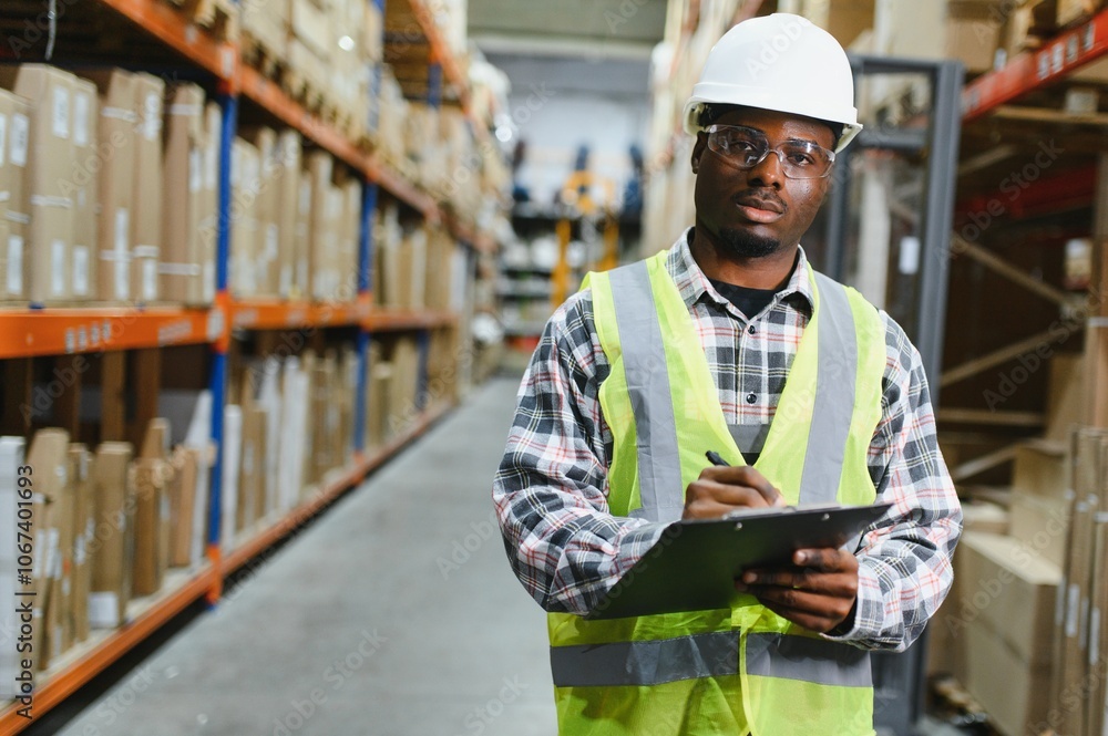 African american warehouseman with clipboard checking delivery, stock in warehouse African american warehouseman with clipboard checking delivery, stock in warehouse