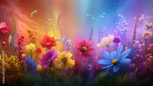 Vibrant flowers in digital garden with colorful blooms and soft light